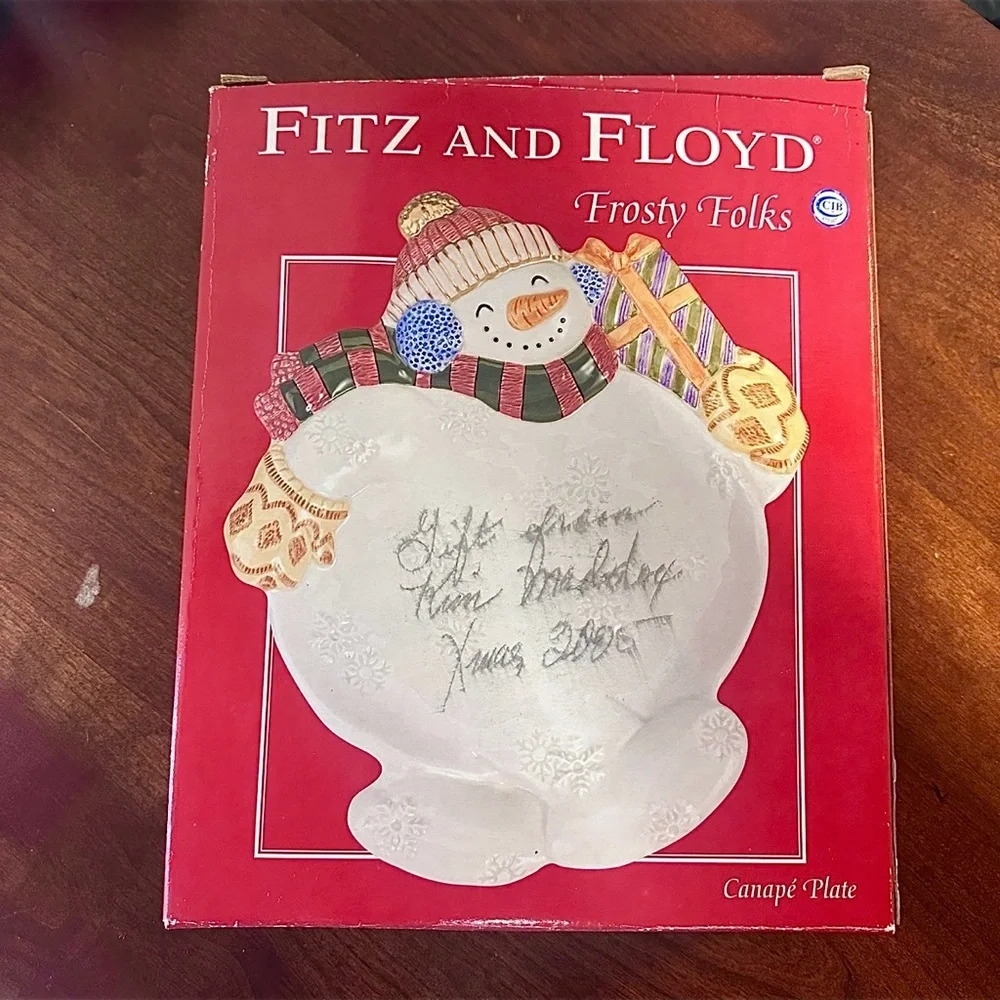 Vintage Fitz and Floyd Frosty Folks Canape Plate Snowman Dish In Box EUC